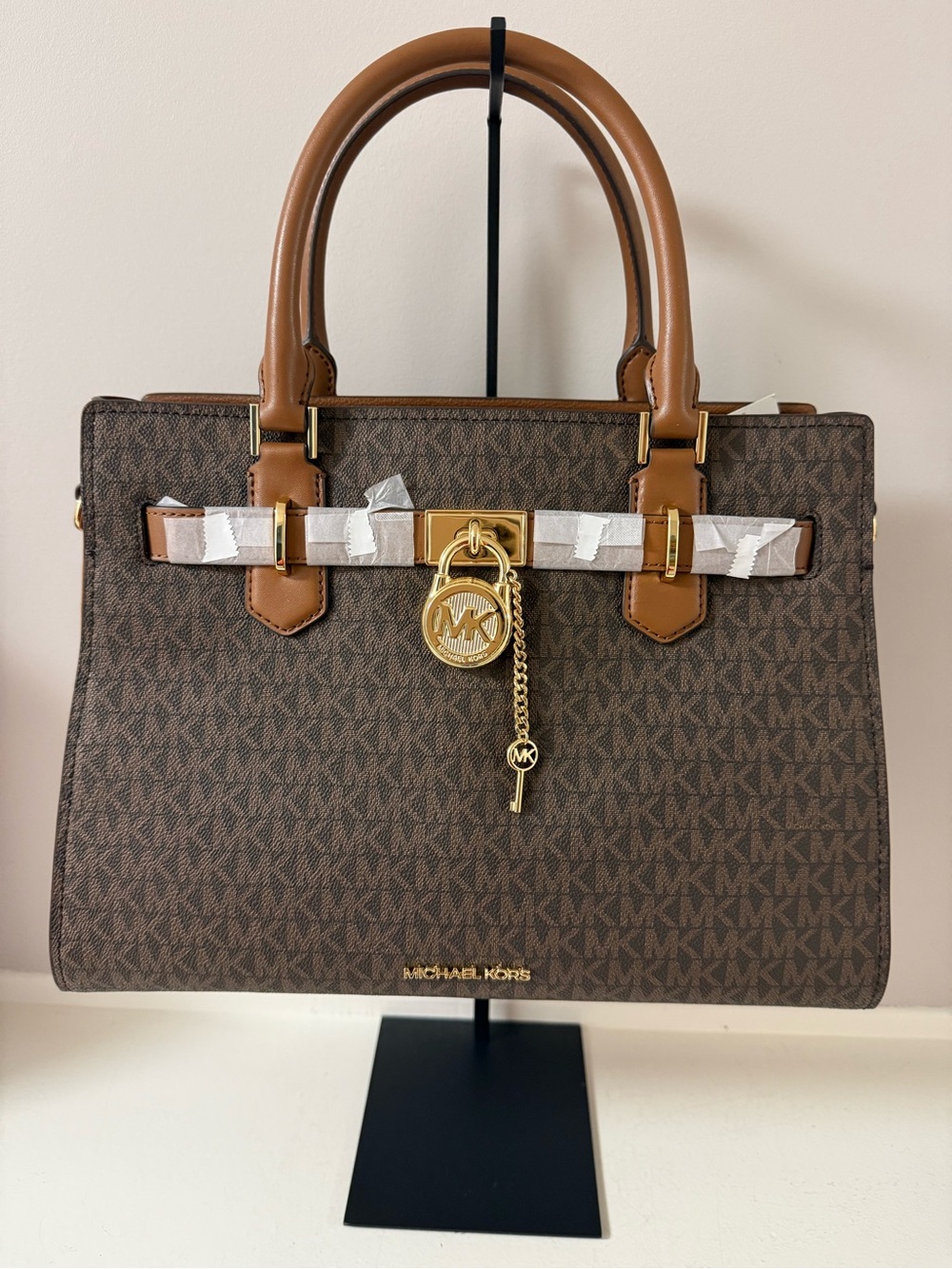 Michael Kors Hamilton Brown & Tan MK Monogram Satchel with Gold Hardware